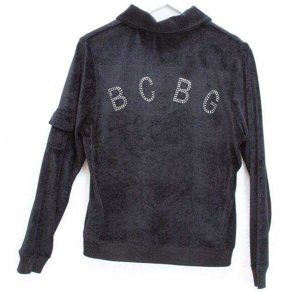 Vgt Y2K BCBG Rhinestones Bling Logo Black Velvet Tracksuit Jacket Sz L Full Zip - Picture 1 of 10